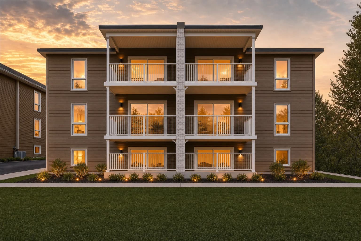 Bâtiment du projet Oasis avec balcons privés, entouré de verdure