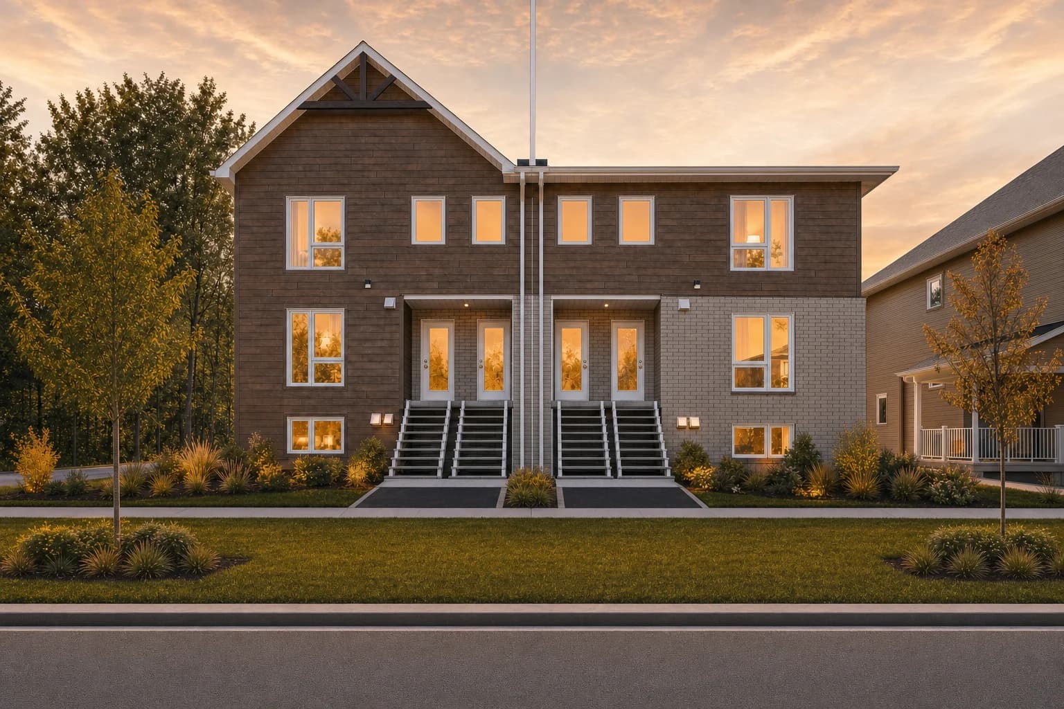 Façade des triplex de brique du projet Oasis au coucher du soleil, fenêtres éclairées